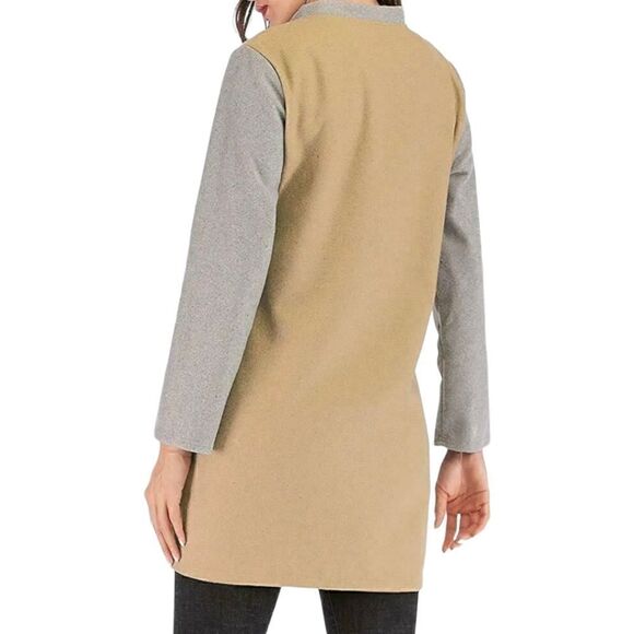 Women Lady Long Woolen Coat Autumn Long Sleeve Contrast Color Patchwork Size L - Picture 3 of 14